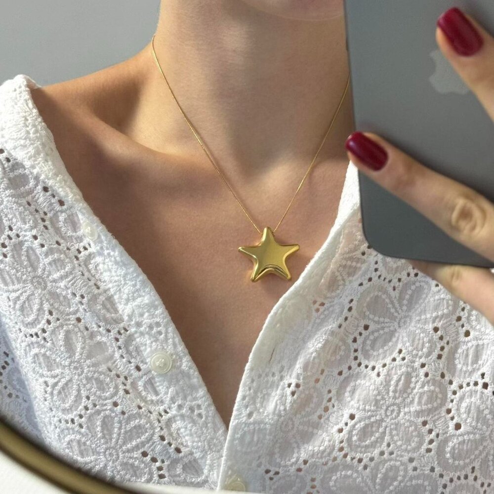 SKU:0090 vintage‎ necklace gold chain with a star pendant stainless steel